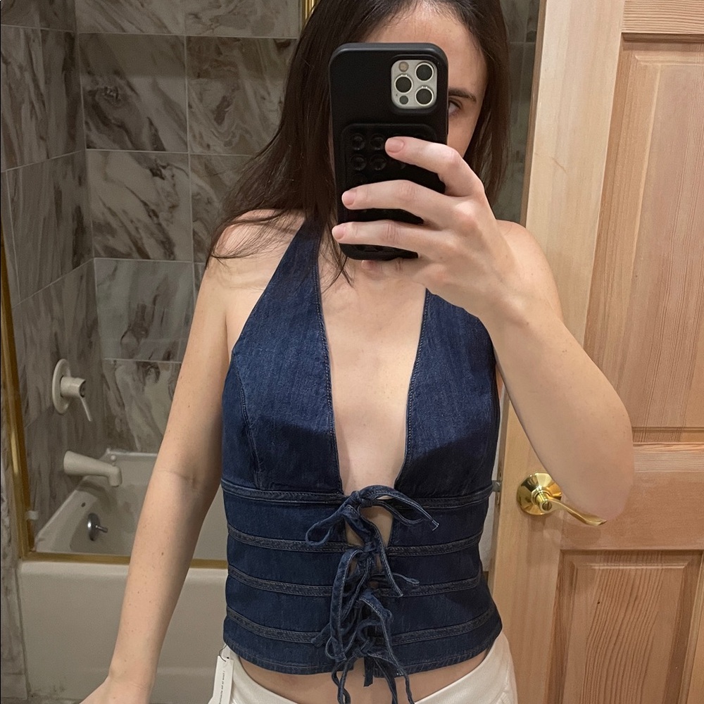 Reformation Dark Denim Blue Halter Crop Top